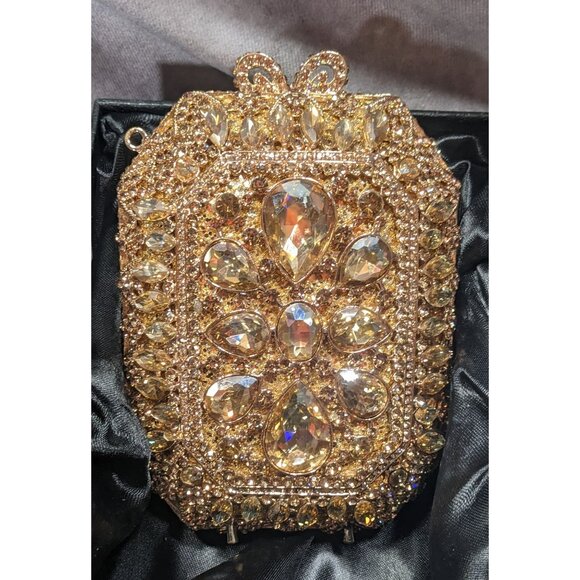 Luxury Rhinestone Encrusted Evening Bag Gold Tone With Removable Chain Strap - Picture 15 of 16